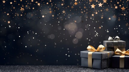Fototapeta premium Black Present with Gold ribbon on black background copy space for text banner, Black Friday, Merry Christmas background product mockup HD gold confetti 