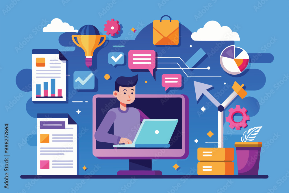 Poster a person engaged in data extraction appears focused at a laptop surrounded by tools and visuals repr