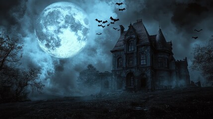 Haunting Mansion Under Ominous Moonlight