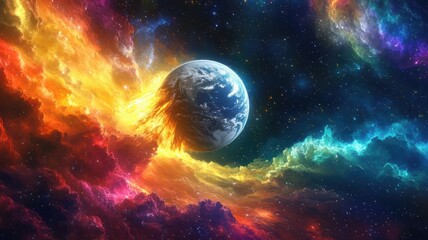 Obraz premium A stunning cosmic scene showcasing Earth amidst vibrant nebulae and swirling colors that illuminate the vastness of space.
