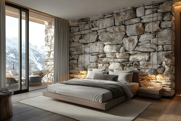 interior design natural hotel bedroom with stacked stone wall, luxury classic grey wooden bed and elegant wooden floor 