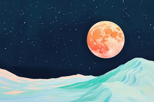 Illustration of a full orange moon against a dark night sky
