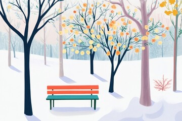 Obraz premium Illustration of trees adorned with snowflakes in a winter park scene A bench enveloped in a snowdrift