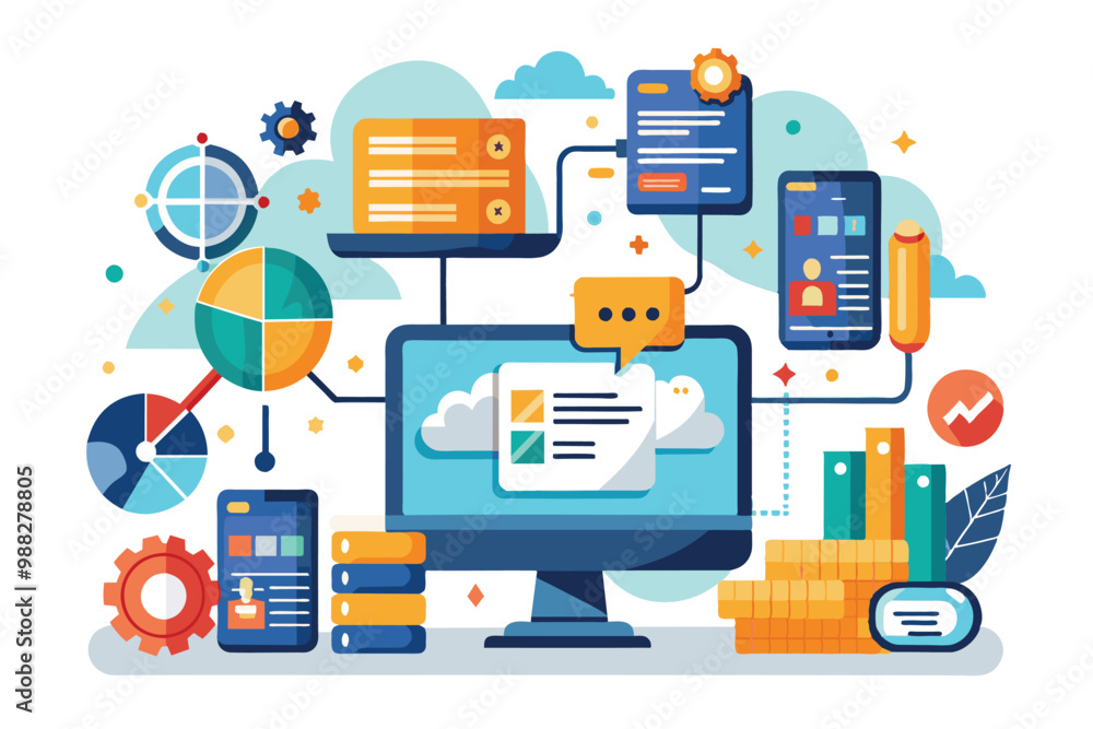 Poster a vibrant digital representation highlights data management concepts with analytics, cloud storage, 