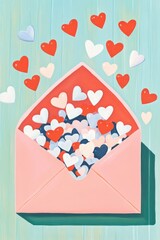 Illustration of red white and pink paper hearts in an open pink envelope on a wooden surface Valentine s Day theme