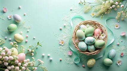 Easter Eggs and Flowers on Green Background