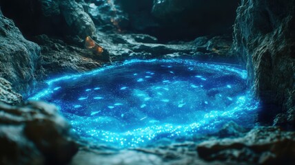 A captivating underwater scene featuring a glowing blue pool surrounded by rocks, teeming with life and vibrant colors.
