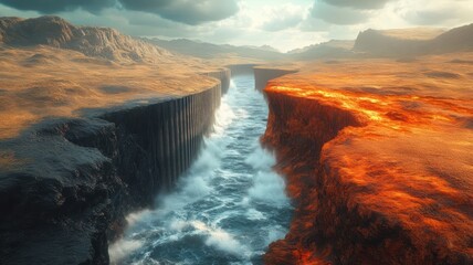 A dramatic landscape featuring a river flowing between rocky cliffs and lava, capturing the contrast of nature's elements.