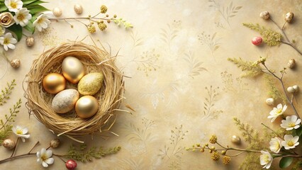 Golden Easter Eggs in Nest with Floral Background