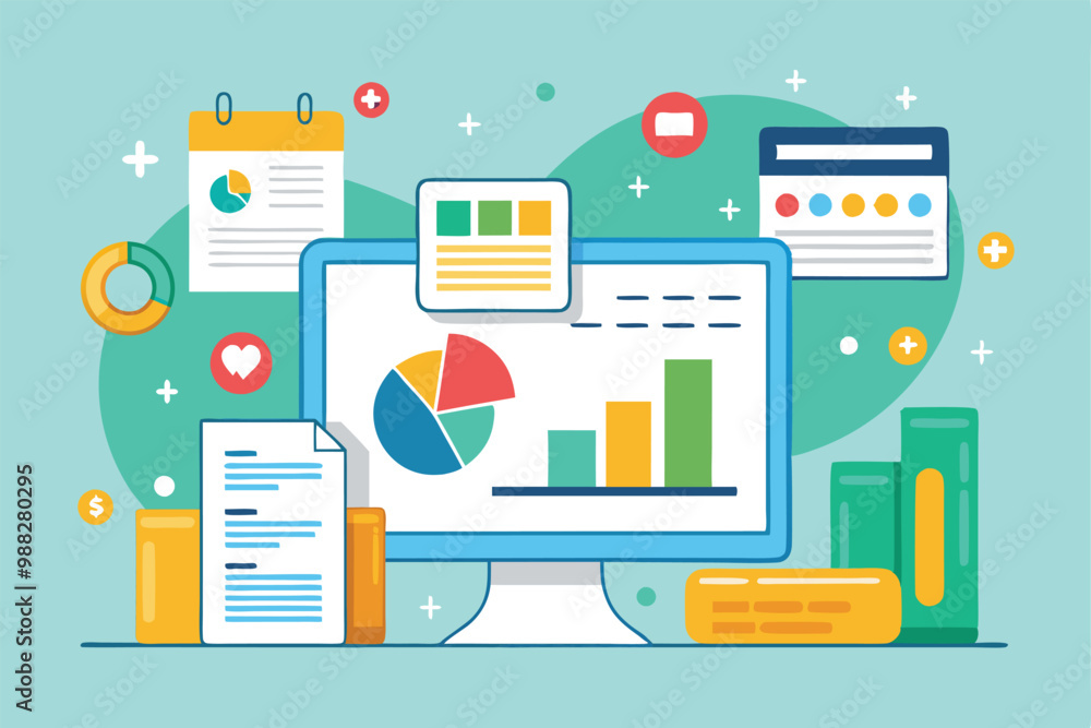 Poster a colorful digital workspace showcasing customizable data reports with charts, graphs, and documents