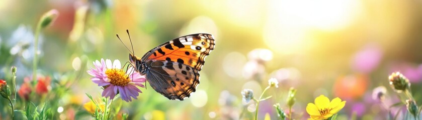 Obraz premium A butterfly is flying over a field of flowers