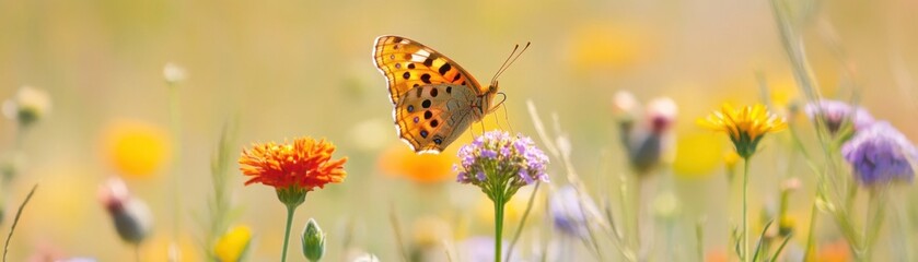 Obraz premium A butterfly is flying over a field of flowers
