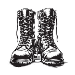 Sketch A pair of military boots with a padlock on them. Vector illustration