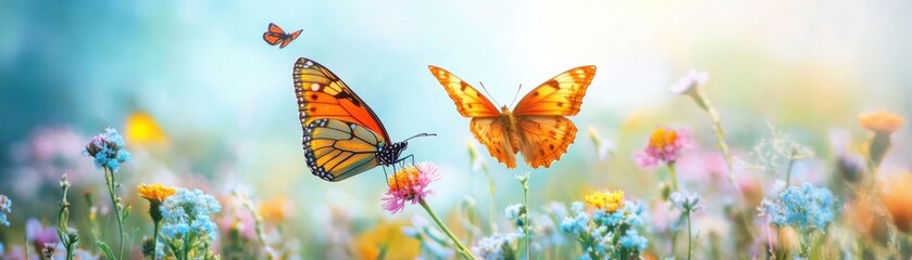 Obraz premium Two butterflies are flying in a field of flowers