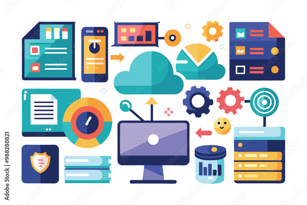 Poster a versatile icon set showcasing various data storage symbols, including cloud storage, databases, an