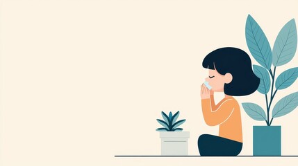 Child sneezing from dust, dusty room, flat design illustration
