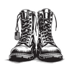Sketch a pair of military boots with a tag on the side Vector illustration