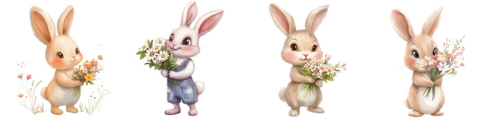 Adorable ceramic bunny figurines in various poses holding delicate floral bouquets surrounded by blooming flowers and greenery in a picturesque spring meadow scene  Charming whimsical