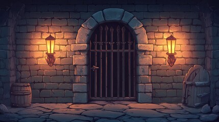 Mysterious Medieval Dungeon Entrance with Lanterns and Barred Gate