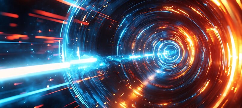 A dark, cosmic wormhole background with swirling light and a large text space