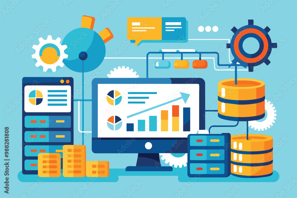 Poster an office workspace showcases automation in database analysis with colorful statistical reports and 