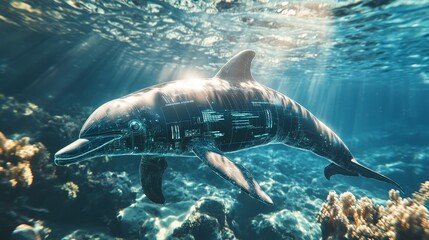 Fototapeta premium Glowing AI Interface Dolphin Swimming Amid Coral Reef in Clear Ocean Water with Sunlight Effects