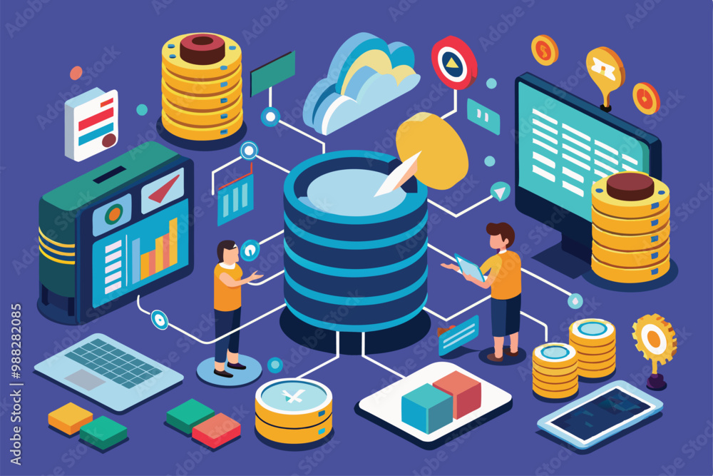 Poster two individuals engage in database management research, utilizing various digital tools and visual a