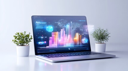 A modern laptop displaying vibrant data visualizations, surrounded by small plants, ideal for tech and business themes.