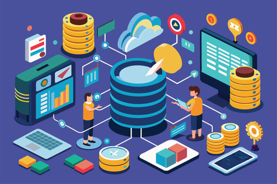 Two individuals engage in database management research, utilizing various digital tools and visual analytics in a collaborative workspace.