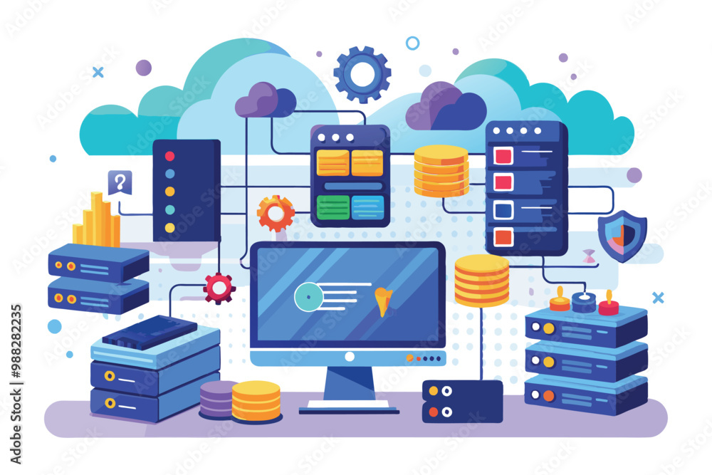 Poster a colorful digital illustration showcases various database management tools and web hosting infrastr