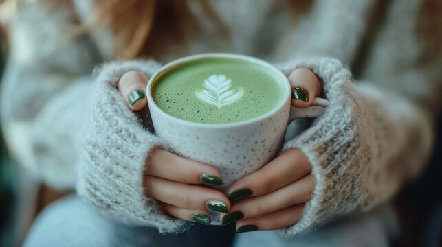 Serene Moment in Cafe - Woman's Hands Holding Matcha Latte with Manicured Nails under Soft Natural Light