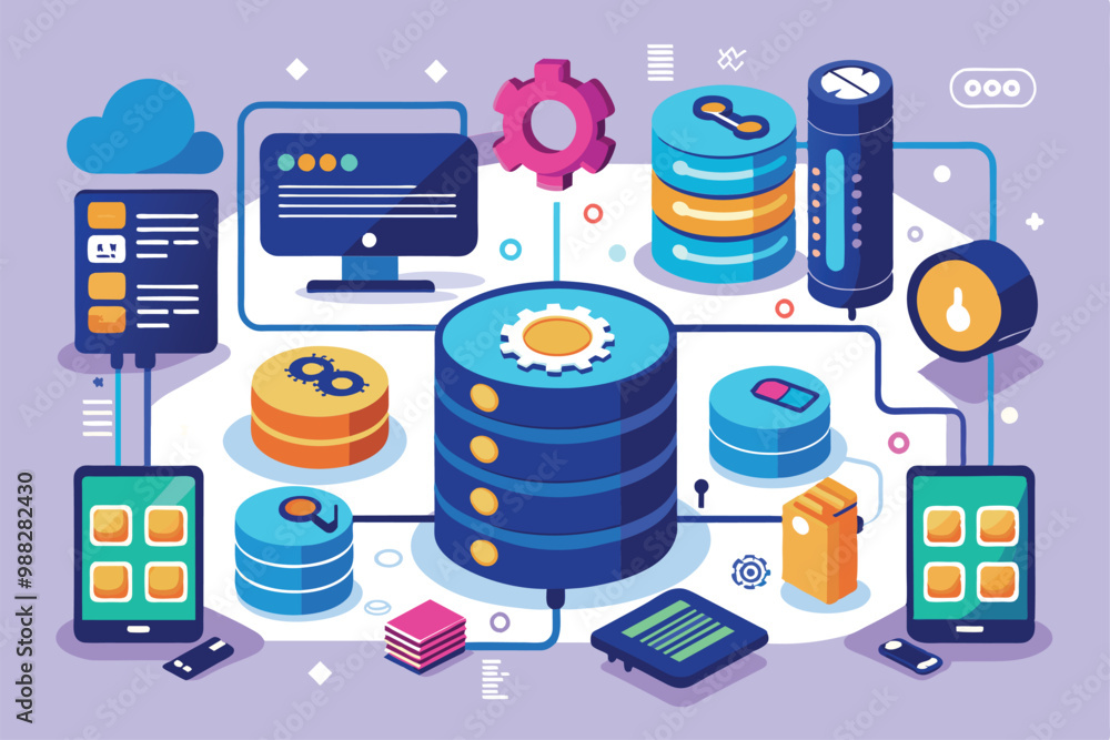 Poster a vibrant illustration showcases various elements of database synchronization and backup, emphasizin