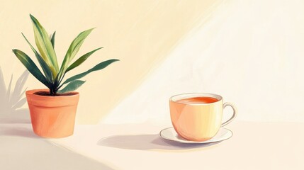 Cozy Comfort: Potted Plant and Warm Tea