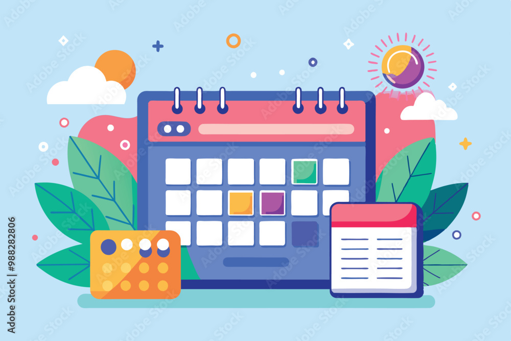 Poster a vibrant illustration of a customizable date picker featuring colorful squares, surrounded by leave