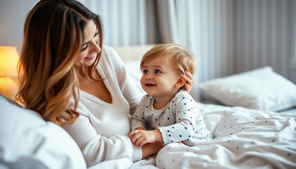 Mother putting to bed her young toddler kid , caucasian female with a child in bedroom for bedtime routine ritual