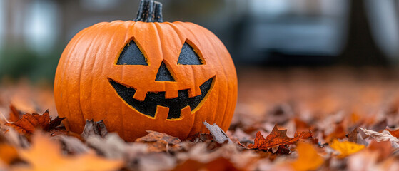 A cheerful Halloween pumpkin sits amidst colorful autumn leaves, embodying the spirit of the festive season.