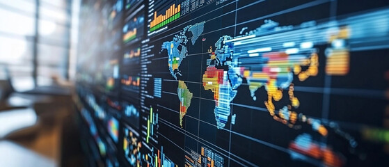 A close-up view of a digital world map with vibrant data visualization representing global connectivity and technology.