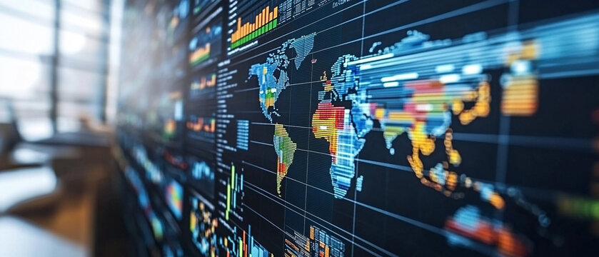 A close-up view of a digital world map with vibrant data visualization representing global connectivity and technology.