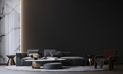 Modern luxury living room interior with a elegant sofa, textured pillows and empty black tile and white marble wall background. 3d render