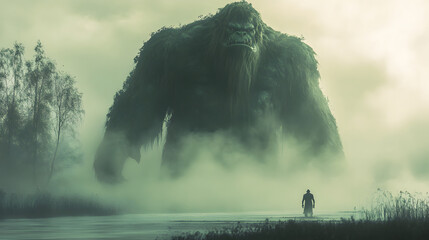 A towering ogre stomping through a misty swamp, its hulking figure casting a large shadow