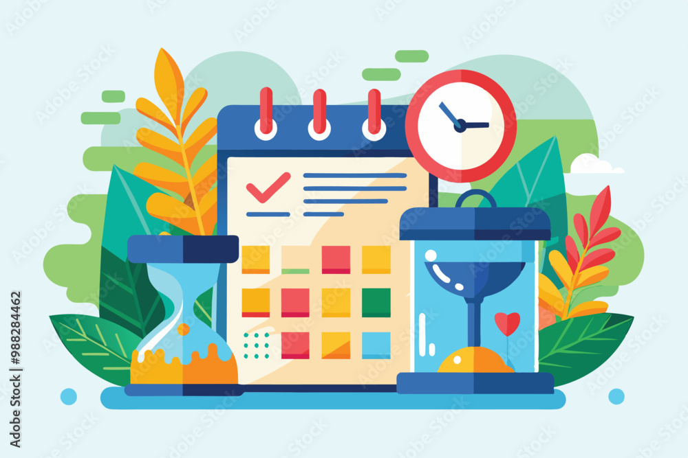Poster a colorful depiction of a calendar marked with a check, an hourglass, and a clock, representing effe