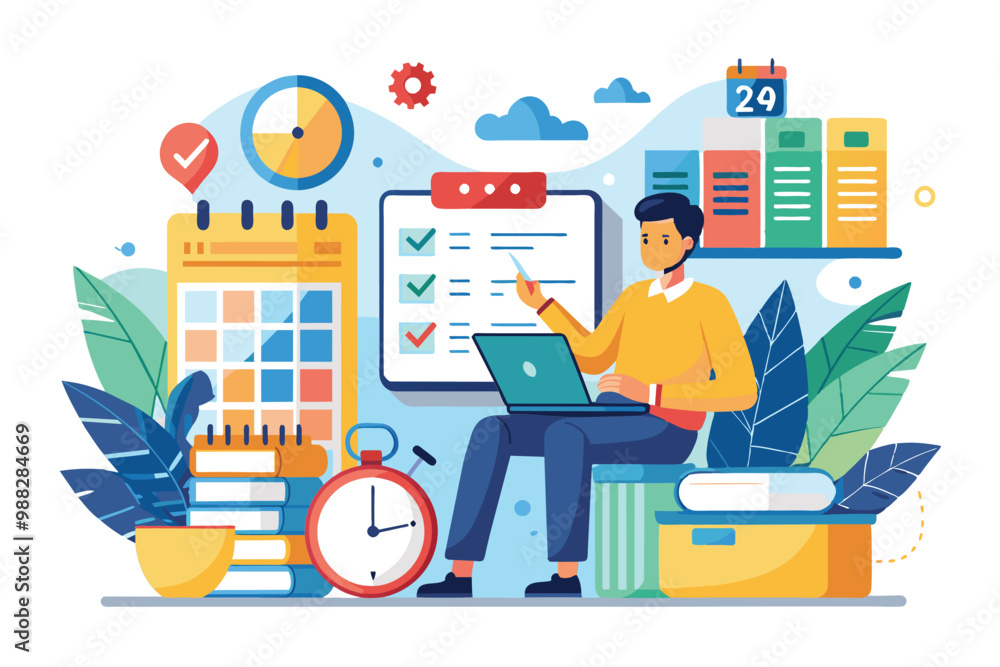 Poster a person works diligently on a laptop, organizing tasks and deadlines using calendars and checklists