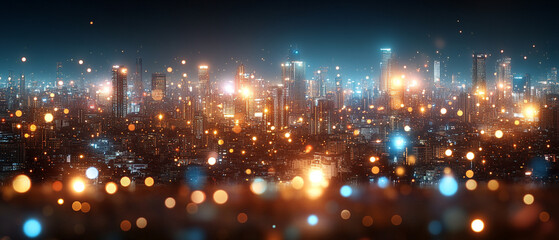 Fototapeta premium A stunning cityscape illuminated by colorful lights, capturing the vibrant energy of urban nightlife and the beauty of modern architecture.