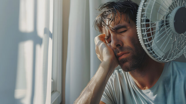 Man suffers from summer heat at home. Guy with broken air conditioner in his house using bad electric fan and sweating. Man in T shirt feeling hot and holding fan with sad face expr