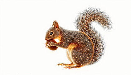 the ephemeral universe has created an incredible image in the form of a squirrel holding a nut with very unusual very thin contours on a white background, a very complex plot, light falls on particles