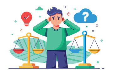 A young adult appears conflicted, weighing choices between two scales, surrounded by symbols of uncertainty and decision-making in a vibrant, digital setting.