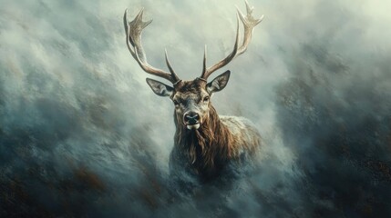 Naklejka premium Close up of a stag showcasing its impressive antlers surrounded by swirling mist embodying the essence of majestic wildlife