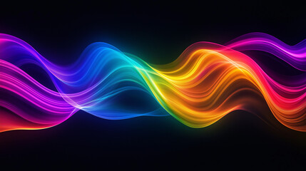 Abstract background featuring colorful rainbow light waves on a black backdrop, fluid lines, motion blur, bokeh effect, and vibrant colors with cinematic lighting.