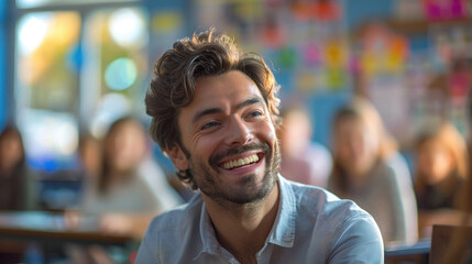 A happy teacher in the background of a classroom at school.
