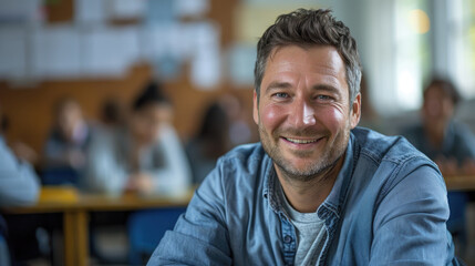 Obraz premium A happy teacher in the background of a classroom at school.